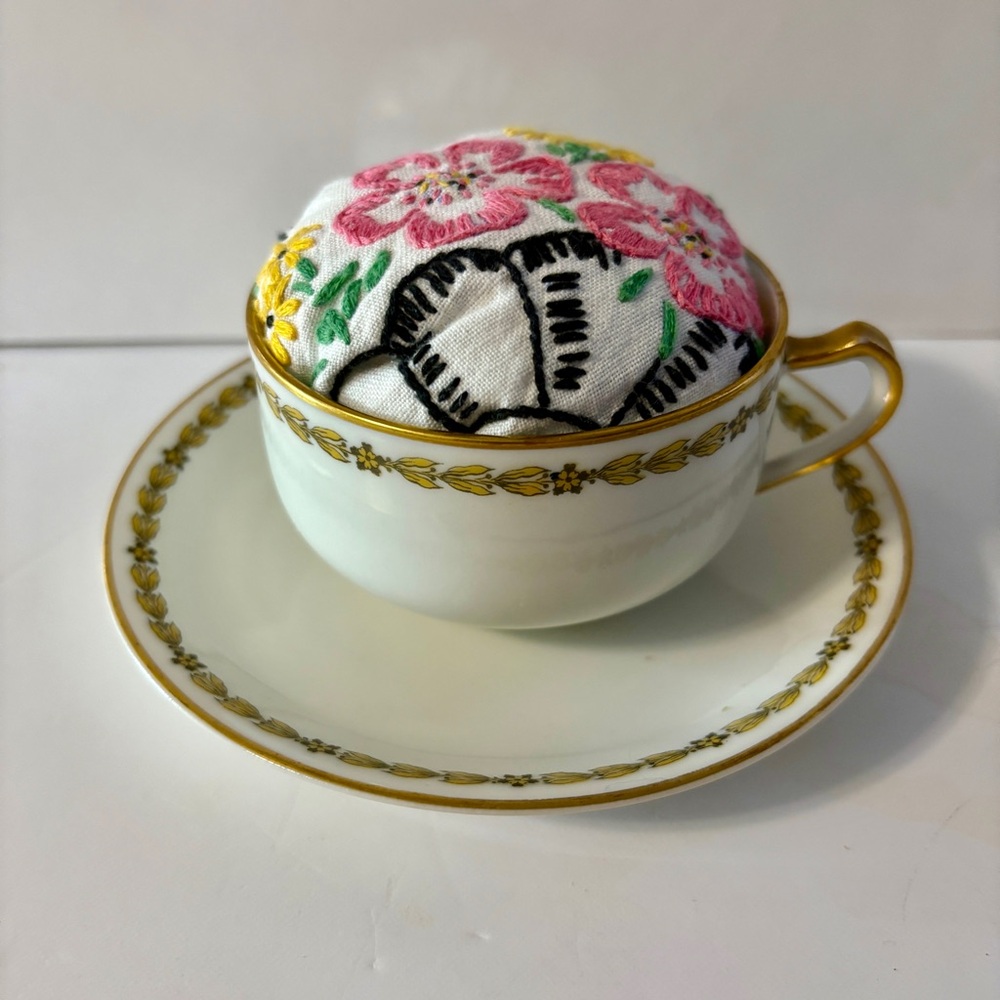 Vintage Tea Cup and Saucer Pincushion / Cream and Gold Limoges France Teacup